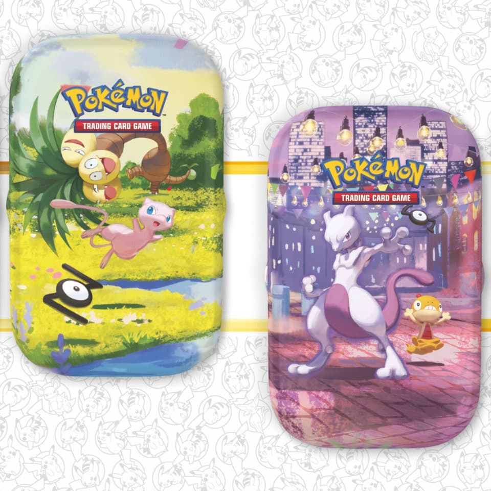 Pokémon TCG: 30th Celebration Mini Tins, the Day design with Mew and the Night design with Mewtwo, on the anniversary Pikachu pattern