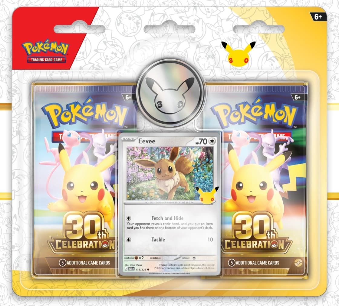 Pokémon TCG: 30th Celebration 2-Pack Blister with two packs, stamped Eevee promo and silver coin