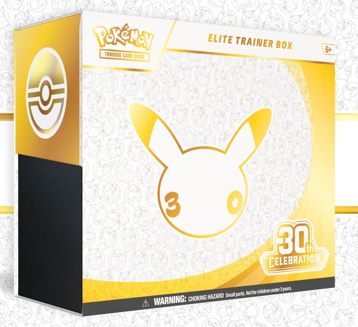 Pokémon TCG: 30th Celebration Elite Trainer Box, gold and white box with the 30 Pikachu silhouette