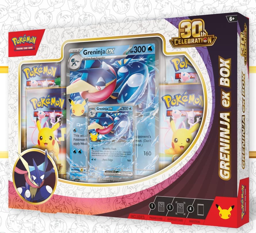 Pokémon TCG: 30th Celebration Greninja ex Box showing the Greninja ex promo and oversize card