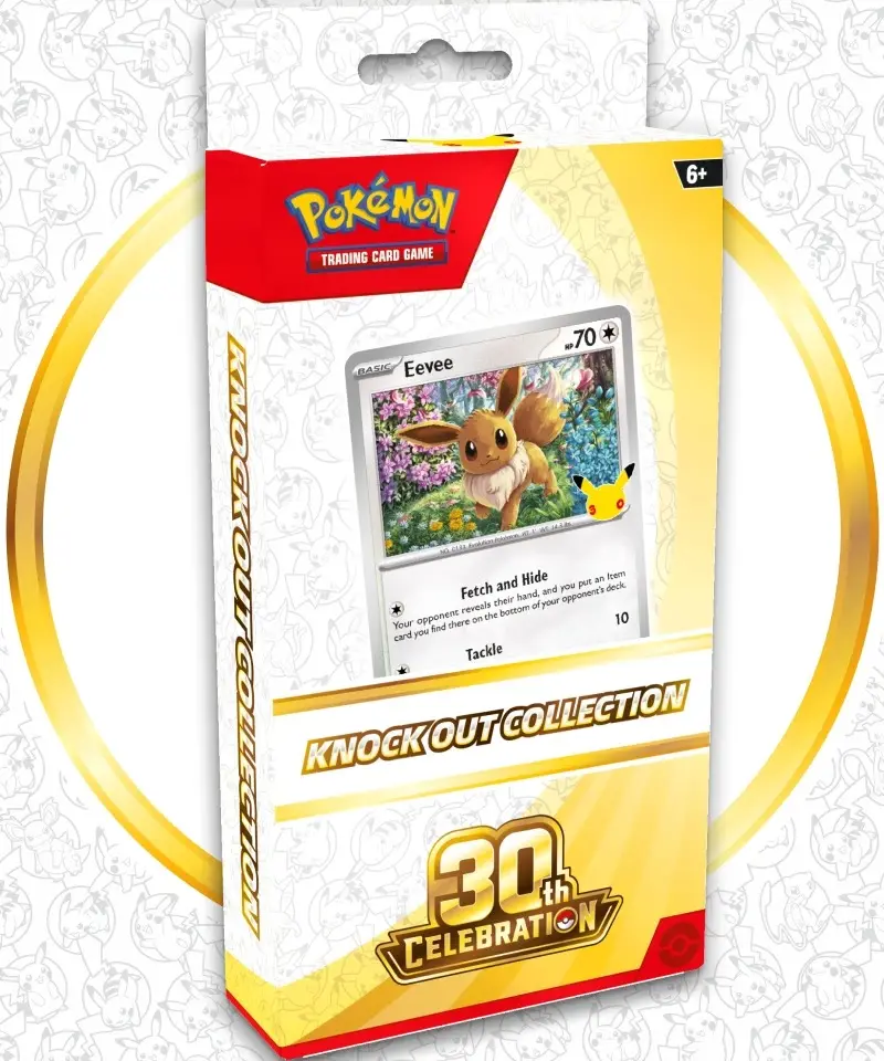 Pokémon TCG: 30th Celebration Knock Out Collection box showing the stamped Eevee card