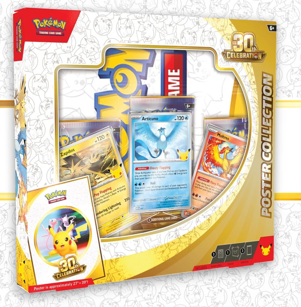 Pokémon TCG: 30th Celebration Poster Collection box showing the Articuno, Zapdos and Moltres promos
