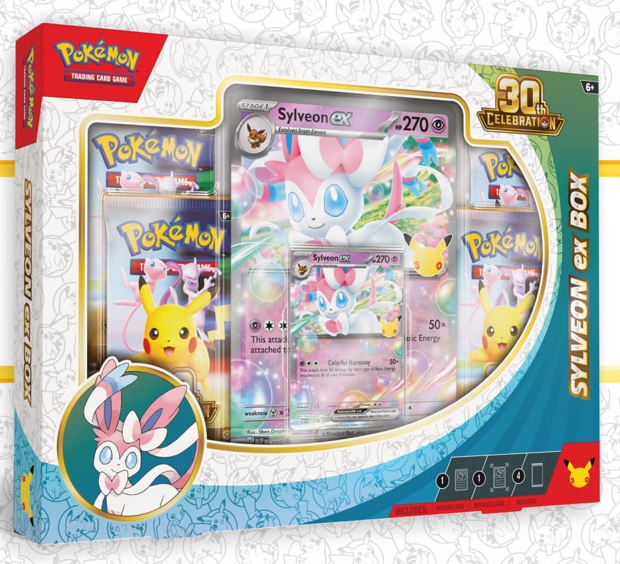 Pokémon TCG: 30th Celebration Sylveon ex Box showing the Sylveon ex promo and oversize card