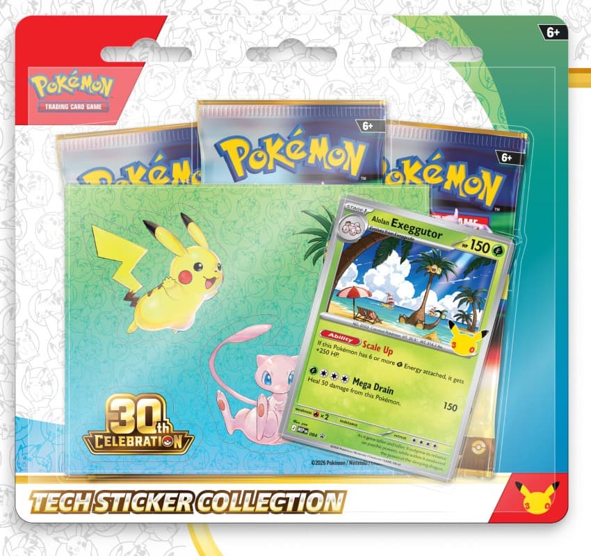 Pokémon TCG: 30th Celebration Tech Sticker Collection with the Alolan Exeggutor promo and green sticker sheet