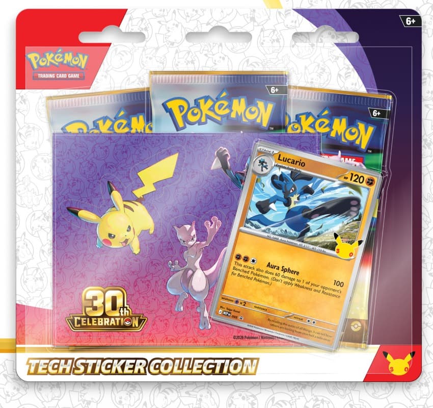 Pokémon TCG: 30th Celebration Tech Sticker Collection with the Lucario promo and purple sticker sheet