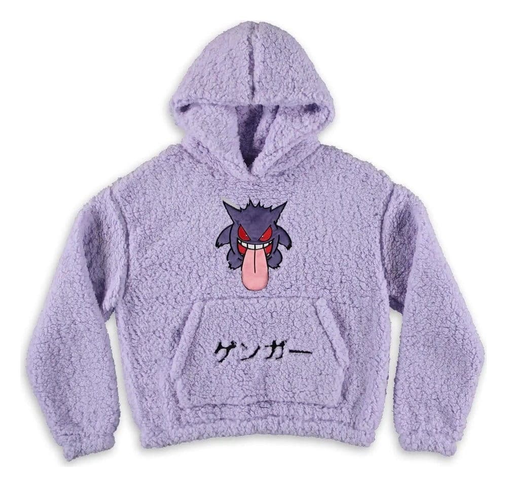 Difuzed Pokémon Teddy Gengar hoodie in lilac sherpa fleece with Gengar on the chest and ゲンガー on the pocket