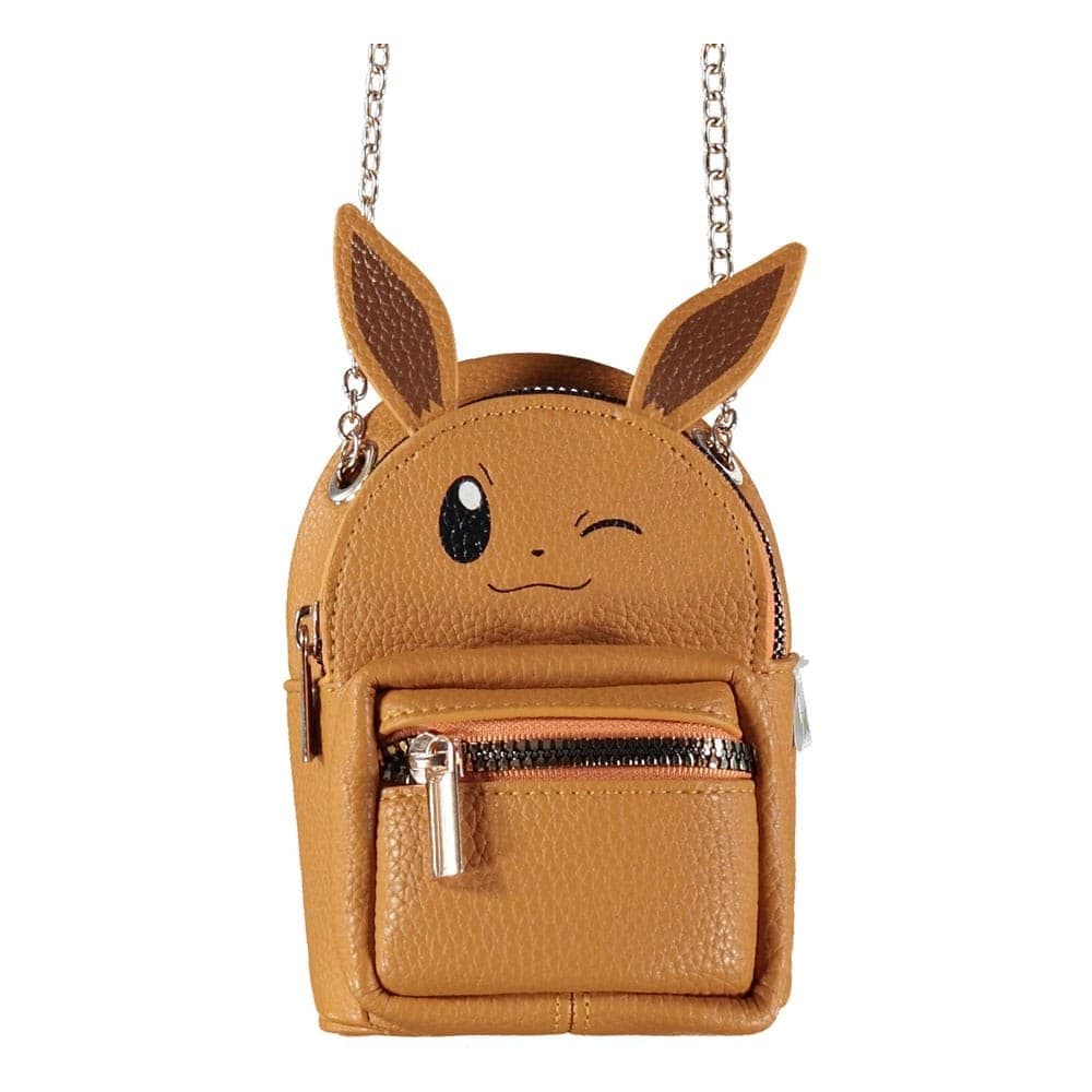 Difuzed Pokémon Eevee mini bag with a winking Eevee face, 3D ears, zipped front pocket and chain strap