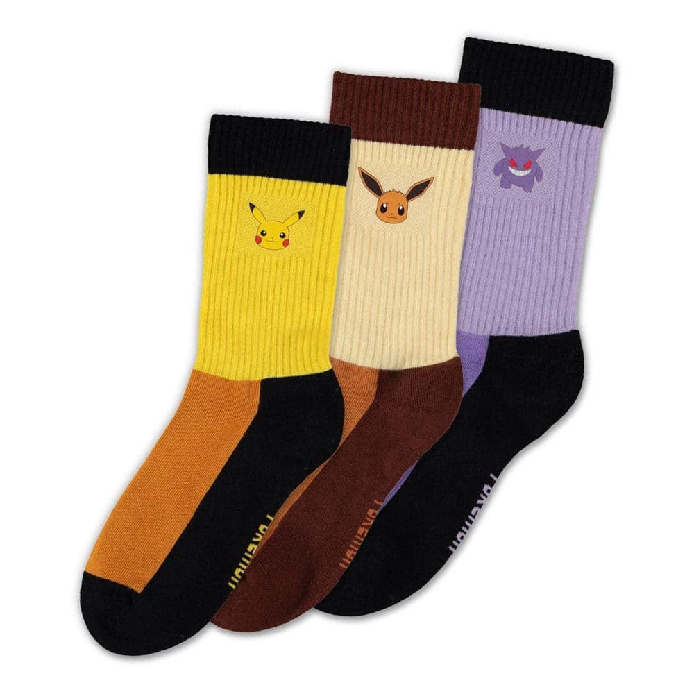 Difuzed Pokémon crew socks 3-pack, EU 43-46: Pikachu, Eevee and Gengar colour-block socks