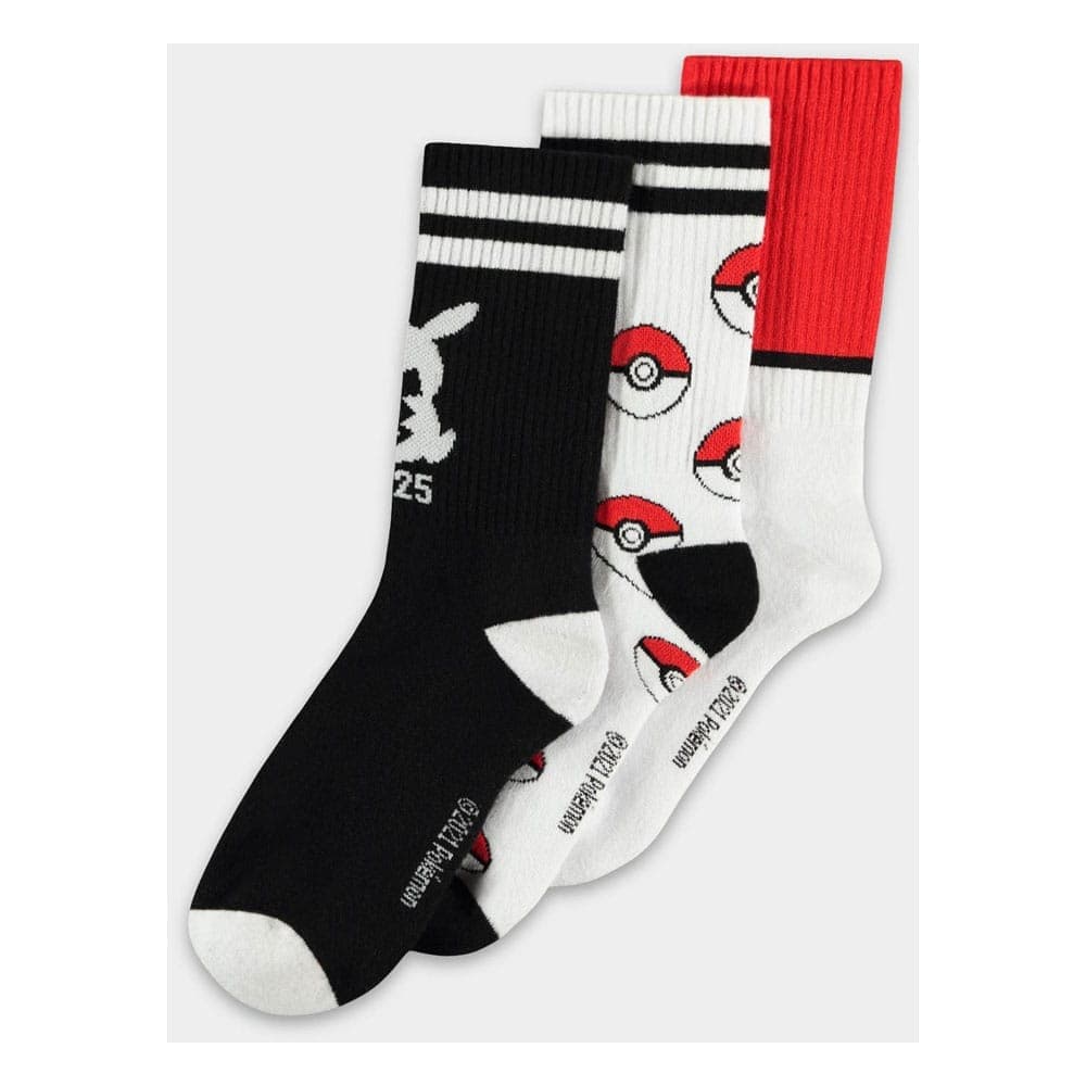 Difuzed Pokémon sport socks 3-pack: black Pikachu #025, white Poké Ball print and red and white colour-block