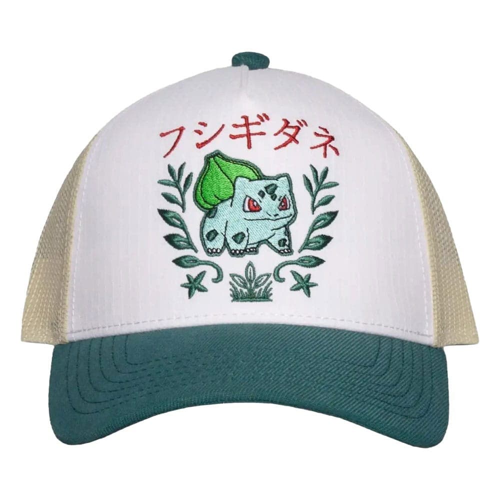 Difuzed Pokémon Bulbasaur trucker cap with embroidered Bulbasaur, leaf wreath and フシギダネ katakana