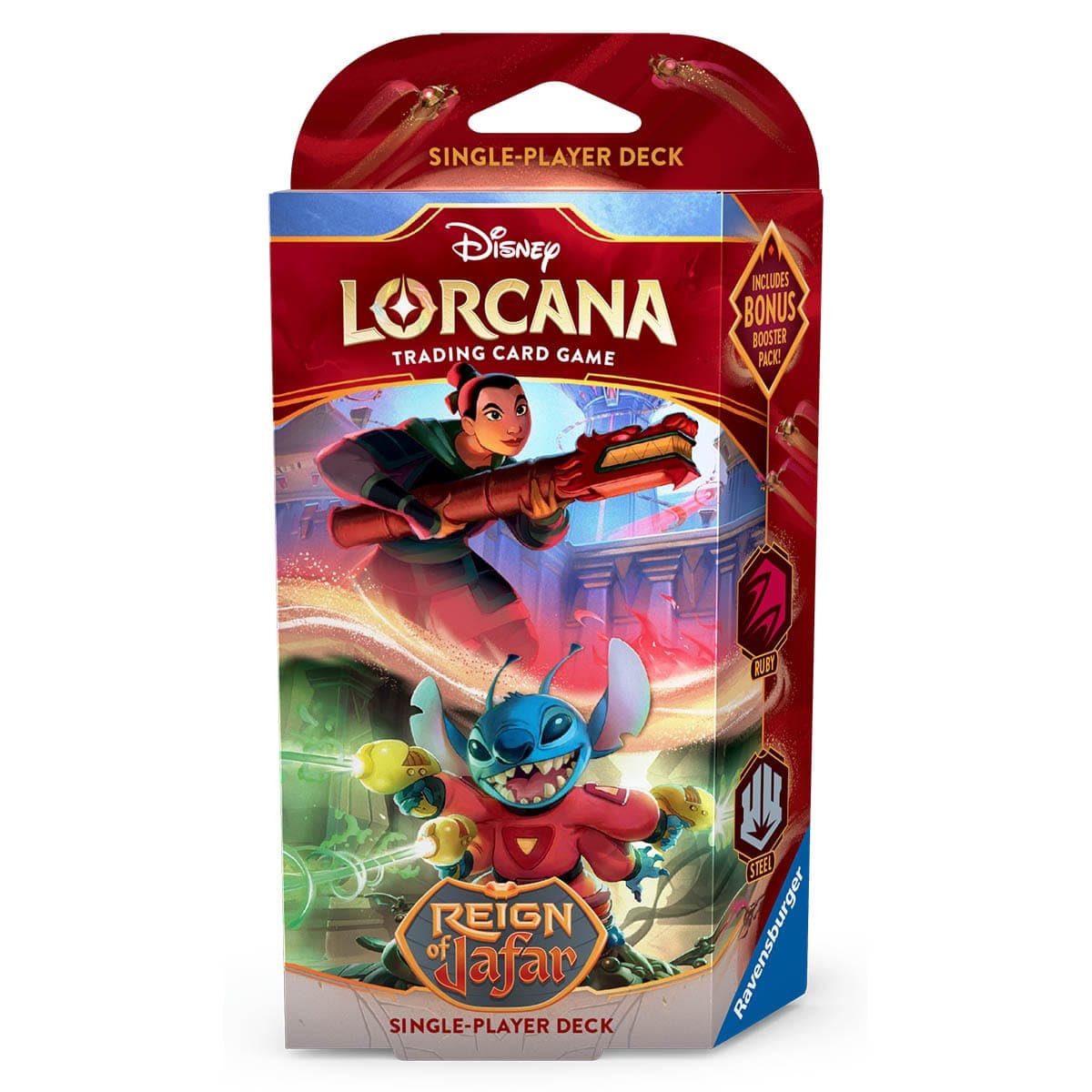 Disney Lorcana Reign of Jafar Ruby and Steel starter deck box, Brave and Brazen (Set 8)