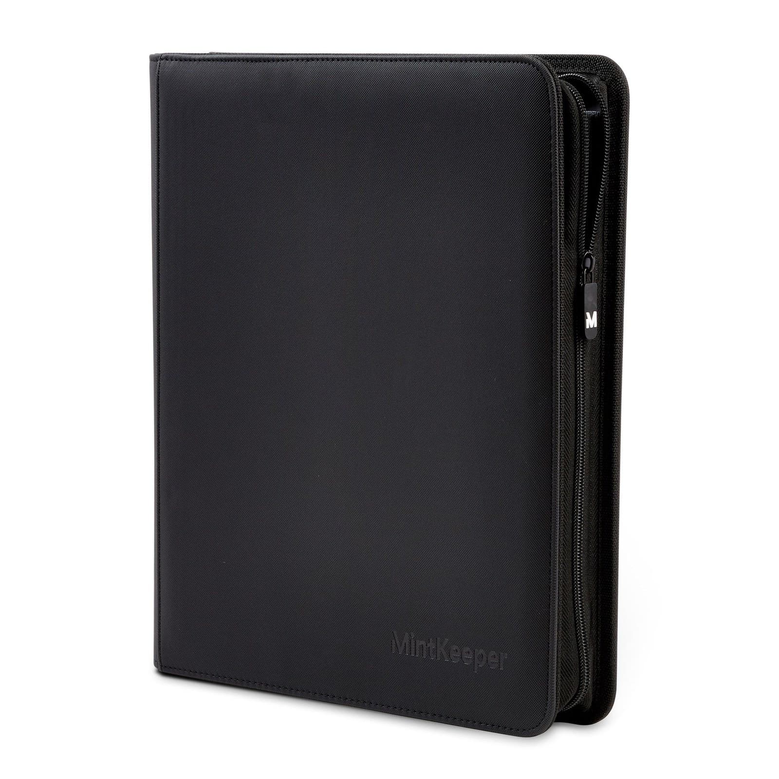 MintKeeper Premium 12-Pocket Zip Card Binder in black, closed, with the zip running round the edge
