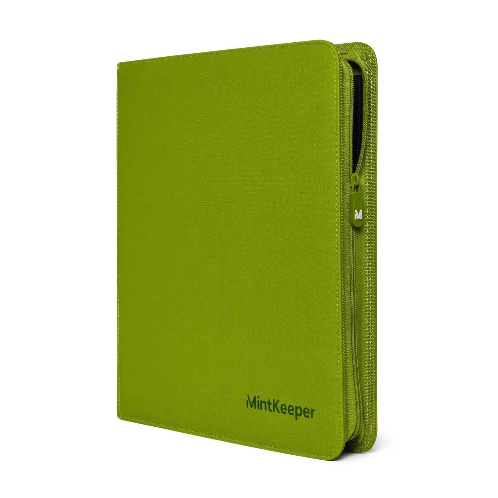MintKeeper Premium 12-Pocket Zip Card Binder in lime green, closed, with a dark green logo in the corner
