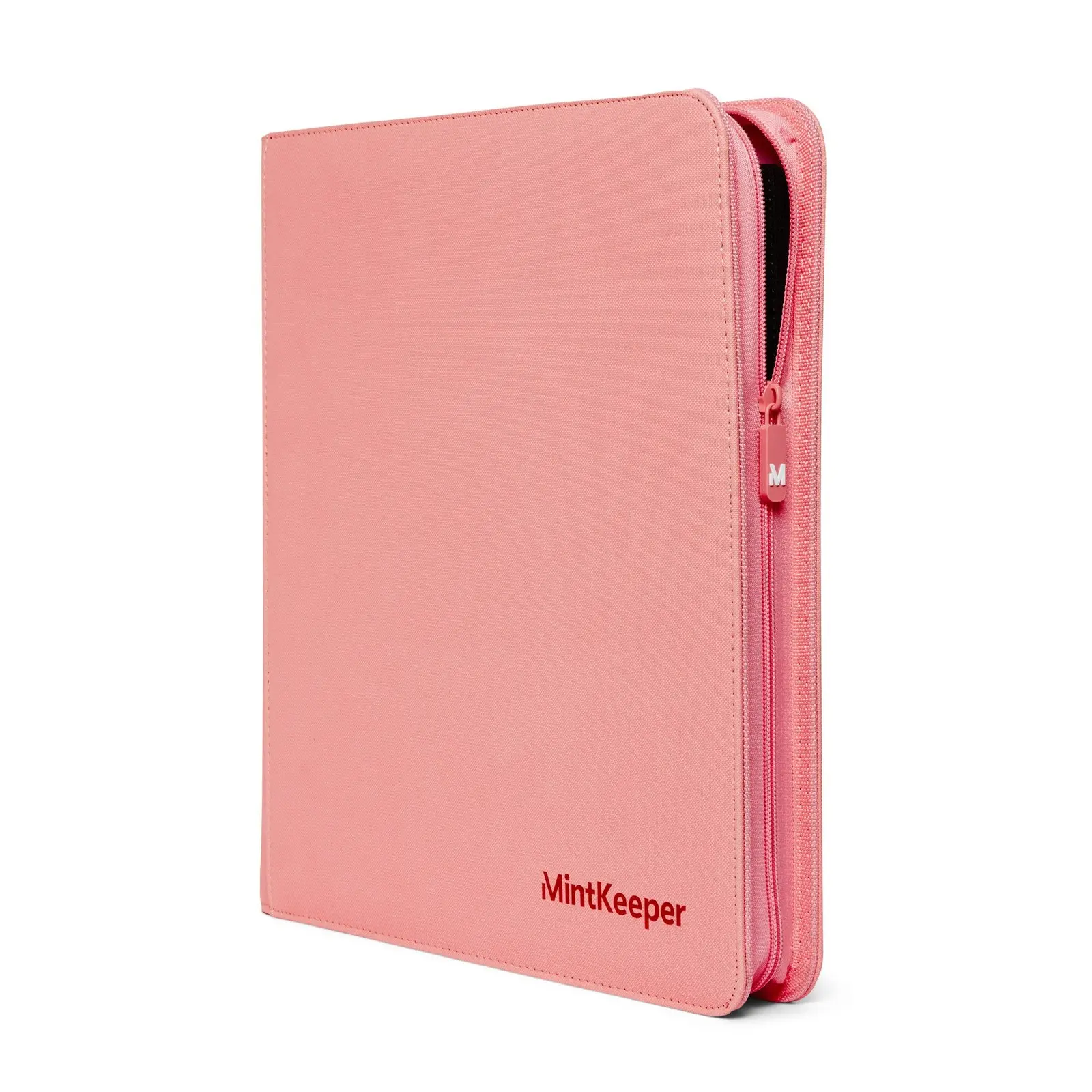 MintKeeper Premium 12-Pocket Zip Card Binder in pastel pink, closed, with a red logo in the corner