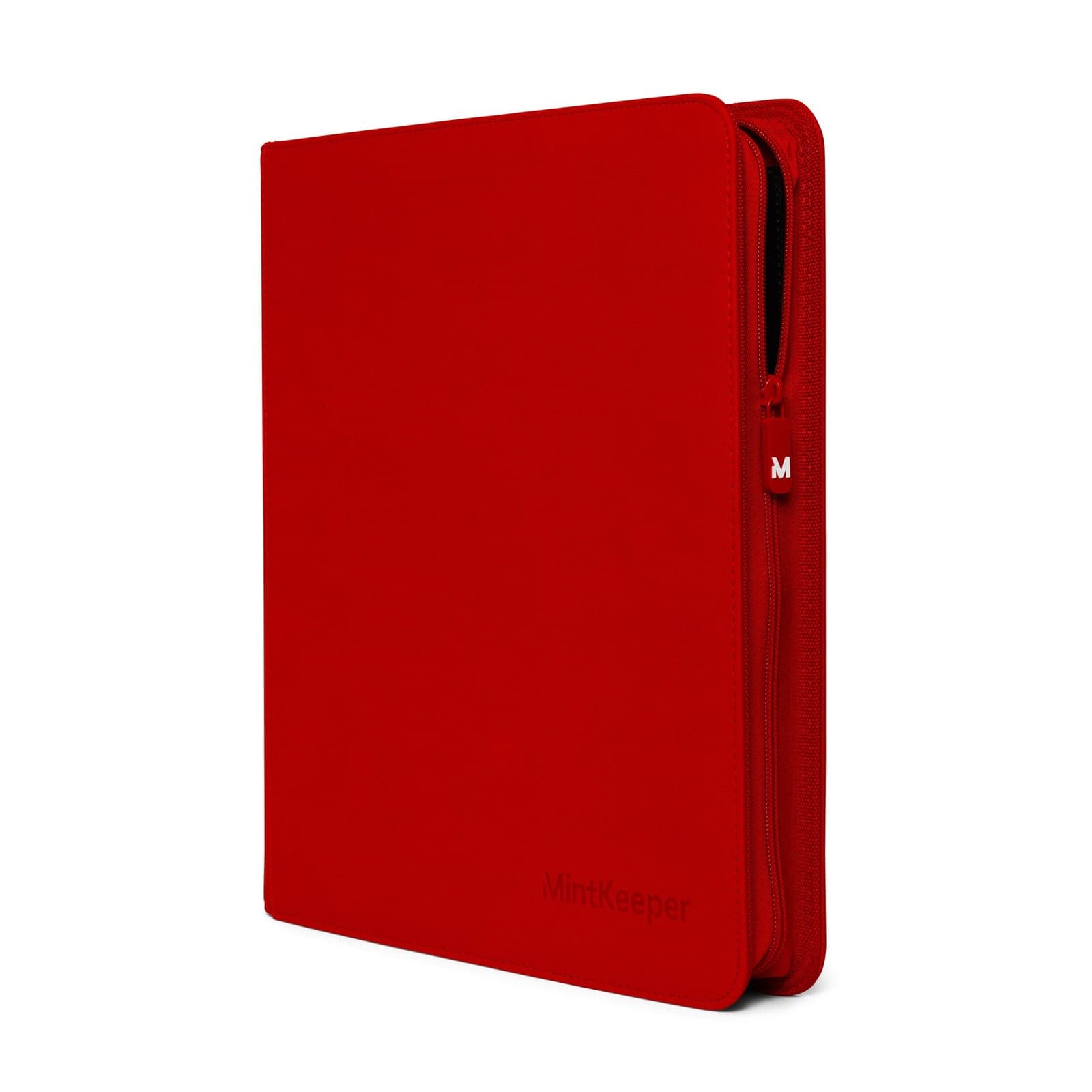 MintKeeper Premium 12-Pocket Zip Card Binder in red, closed, with a black zip running round the edge