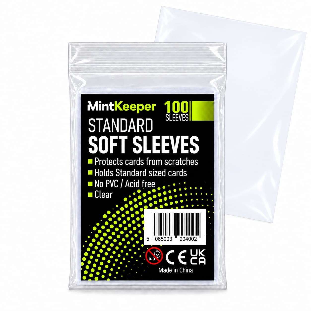 Pack of 100 MintKeeper Standard Soft Sleeves in its clear bag, with a single clear sleeve behind it