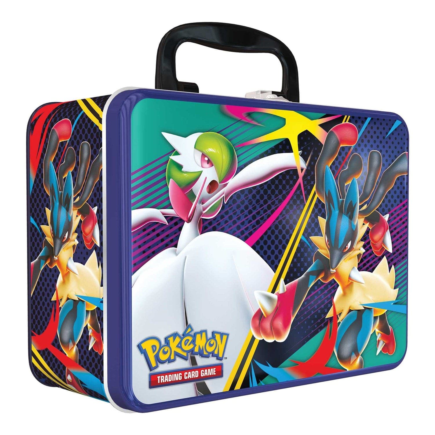Pokémon TCG Collector's Chest Fall 2025 metal case with Mega Gardevoir and Mega Lucario on the lid, angled view