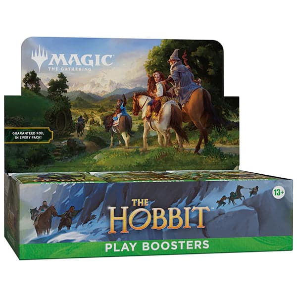 Magic: The Gathering The Hobbit Play Booster Box with 30 packs, showing Gandalf and Bilbo riding through the Shire