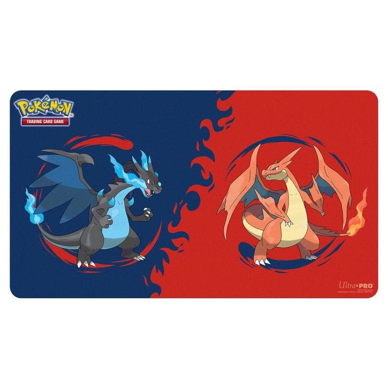 Ultra Pro Pokémon playmat with Mega Charizard X on blue and Mega Charizard Y on red